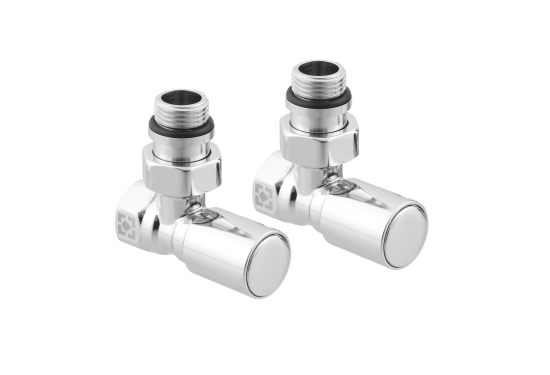 Комплект кутових радіаторних кранів з накидною гайкою і круглою ручкою RV-6012